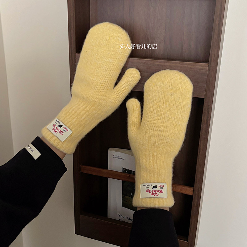 韩系100%纯羊毛连指手套女2025冬季新款加厚骑行防风防寒手套学生