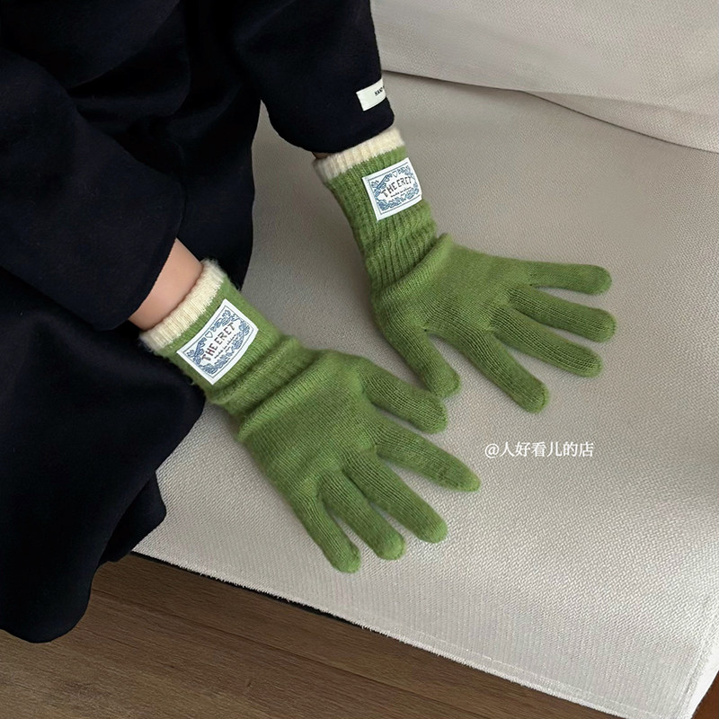 韩系ins风绿色针织手套女冬季加厚长款可触屏分指手套骑行保暖护