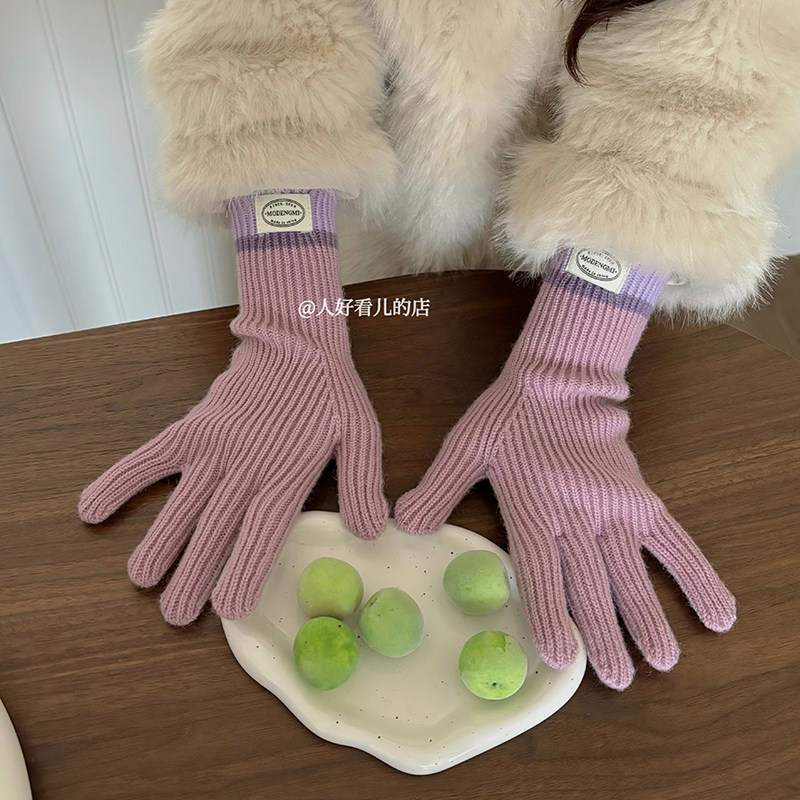 韩版针织羊绒手套女冬季五指针织保暖可触屏露指手套学生骑行防寒