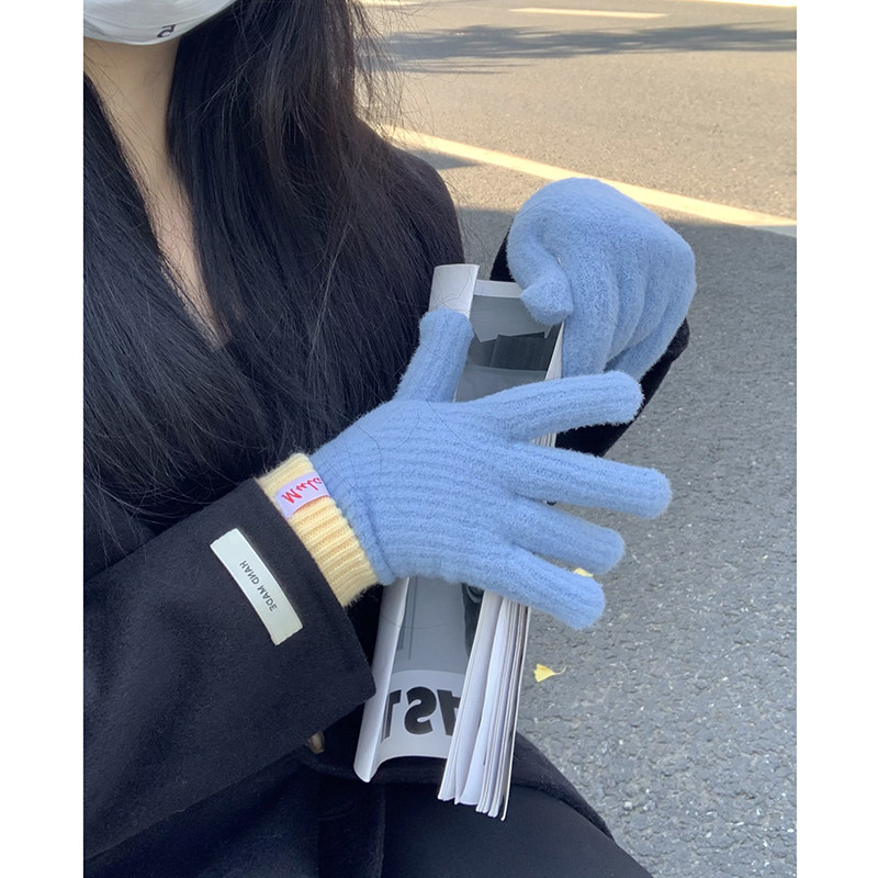 Women's new winter knitted cashmere gloves touch screen plus fleece