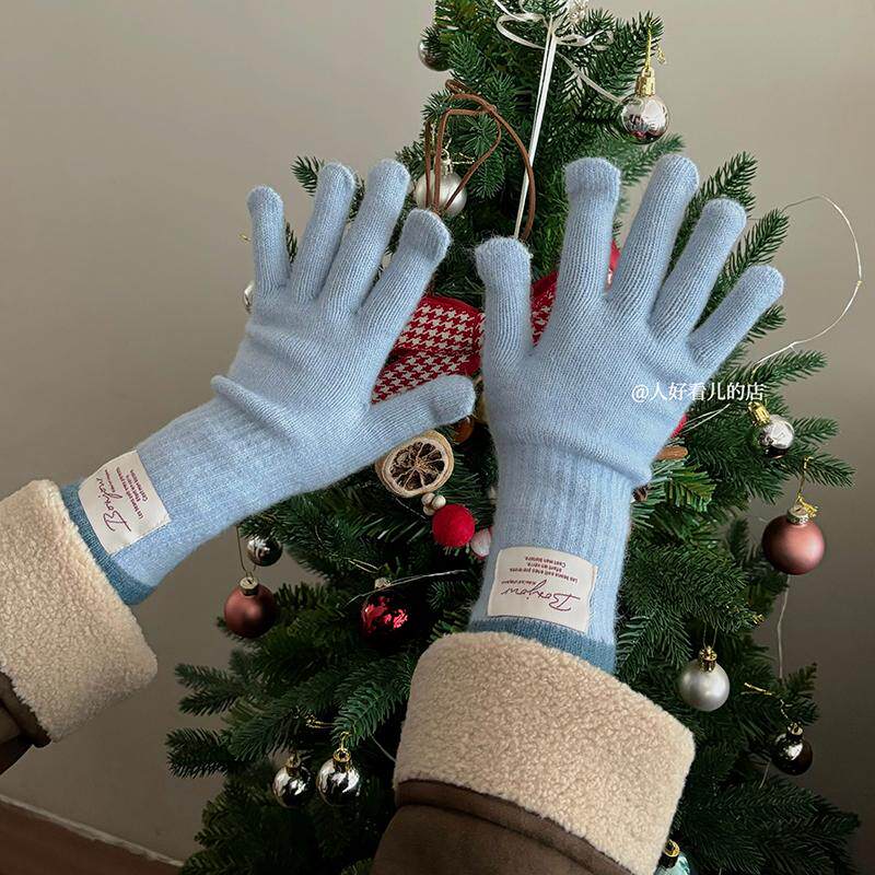 ins风韩系贴布针织手套女冬季加长款分指露指可触屏防寒保暖手套
