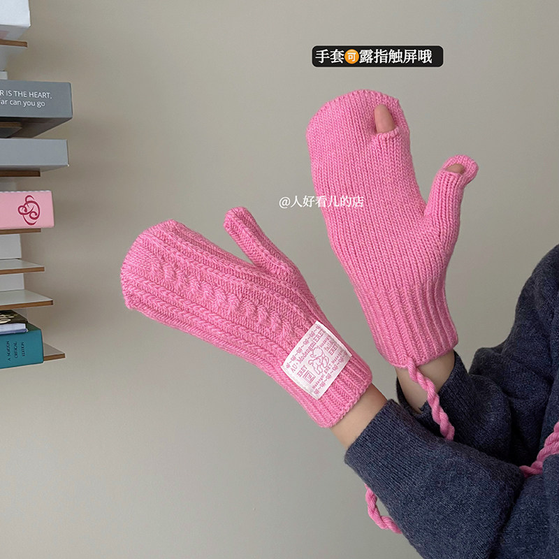 针织手套女冬季可触屏保暖2025新款韩版可挂脖手套加厚骑行防寒潮