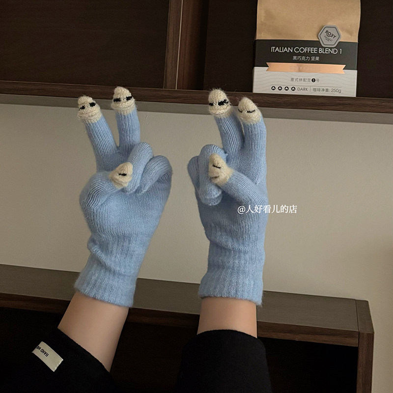 韩系ins可爱小怪兽针织手套女2025秋冬新款保暖防寒可触屏手套潮
