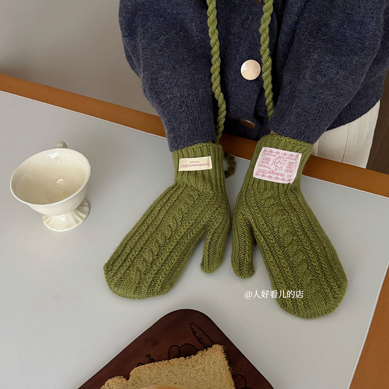 含羊毛韩系毛线针织保暖手套女2025秋冬全包挂脖加厚防寒可触屏潮
