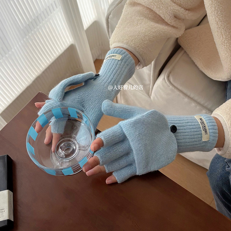 露半指翻盖针织手套女秋冬保暖加厚学生写字防寒骑行可触屏手套