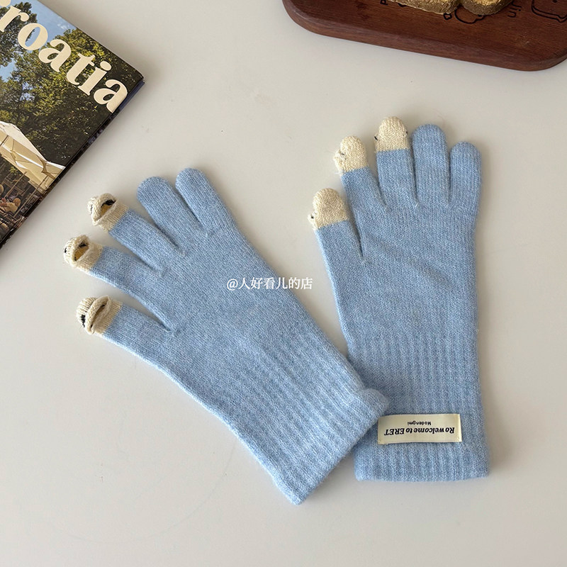 韩系ins可爱小怪兽针织手套女2025秋冬新款保暖防寒可触屏手套潮