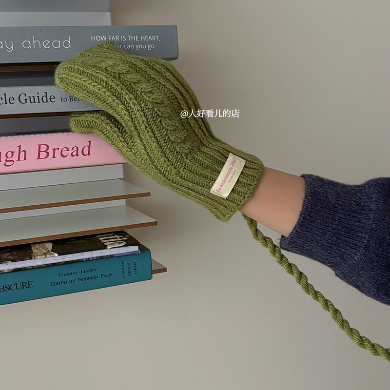 含羊毛韩系毛线针织保暖手套女2025秋冬全包挂脖加厚防寒可触屏潮