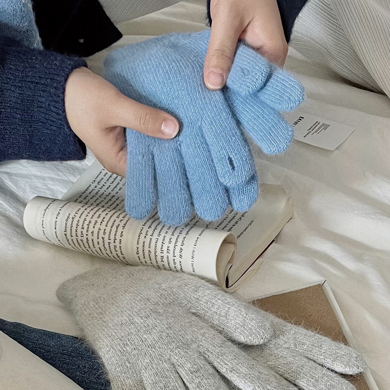 露指触屏兔毛加绒保暖手套冬季保暖抗冻五指骑行ins玩手机手套蓝