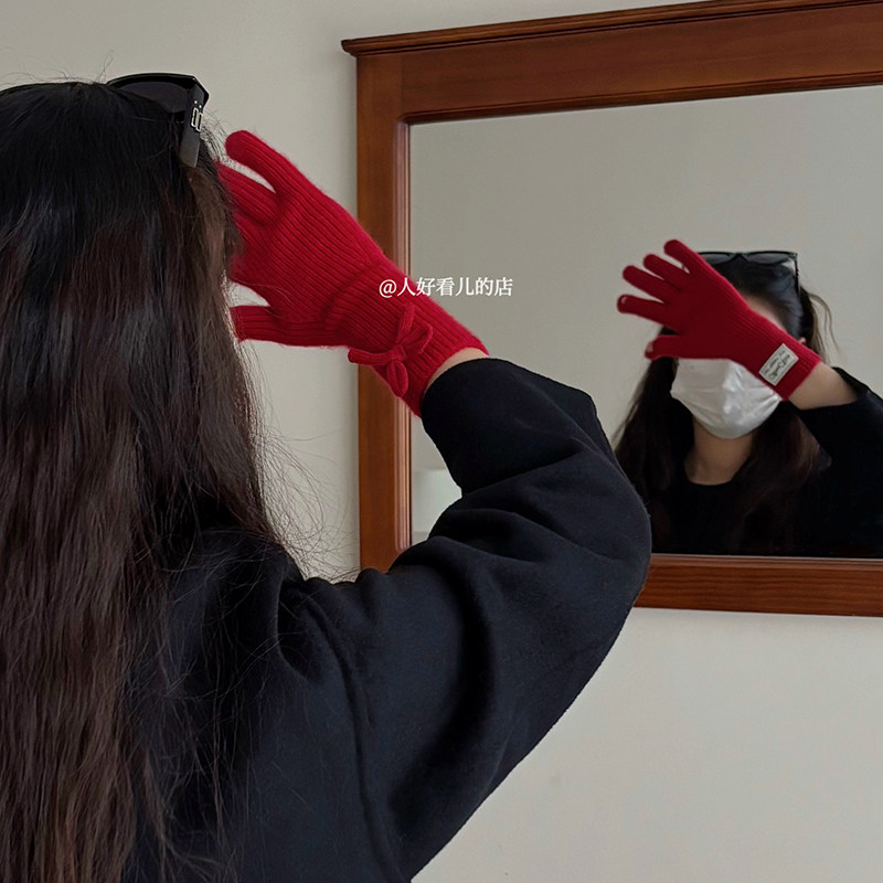 蝴蝶结红色针织手套女秋冬百搭骑行防寒保暖可触屏分指毛线手套潮