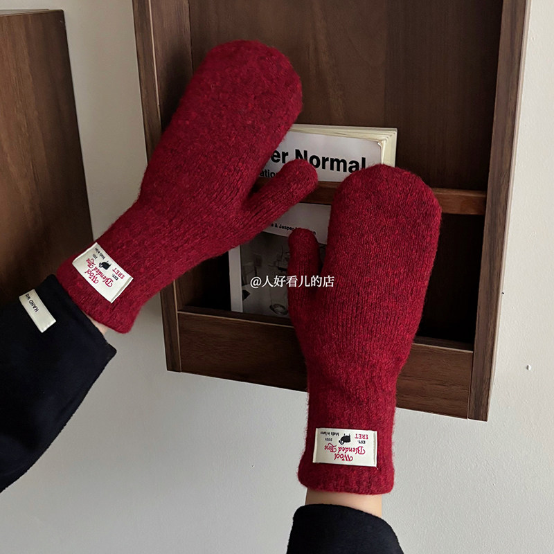 韩系100%纯羊毛连指手套女2025冬季新款加厚骑行防风防寒手套学生