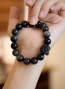 天然黑曜石银曜石醒狮手链女新中