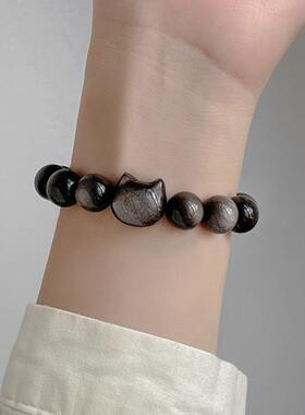 黑曜石手链女银曜石猫咪送女友朋