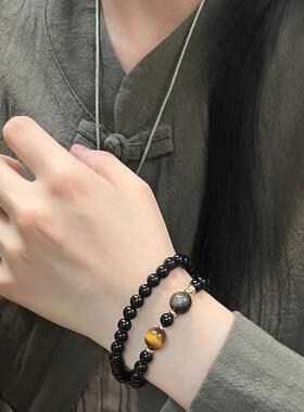 国风黑曜石搭配虎眼石双圈 手串男女生时尚水晶文玩轻奢手链 串珠