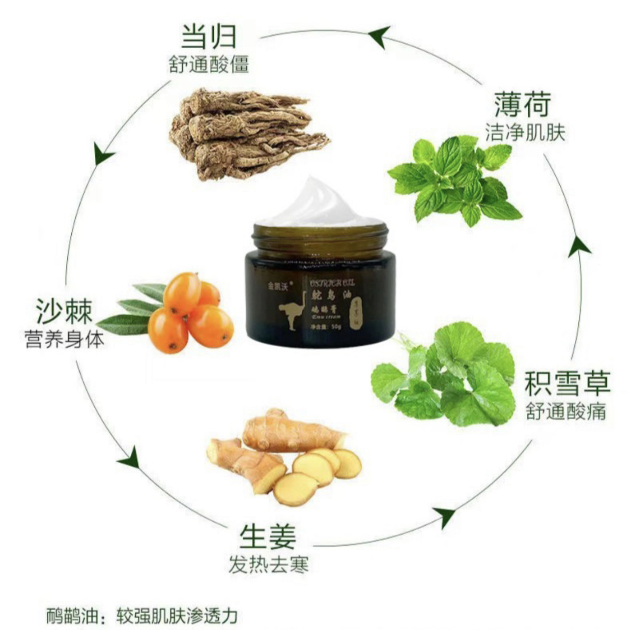 金凯沃升级版鸵鸟油鸸鹋膏发热持久舒缓关节快渗透50g-图2