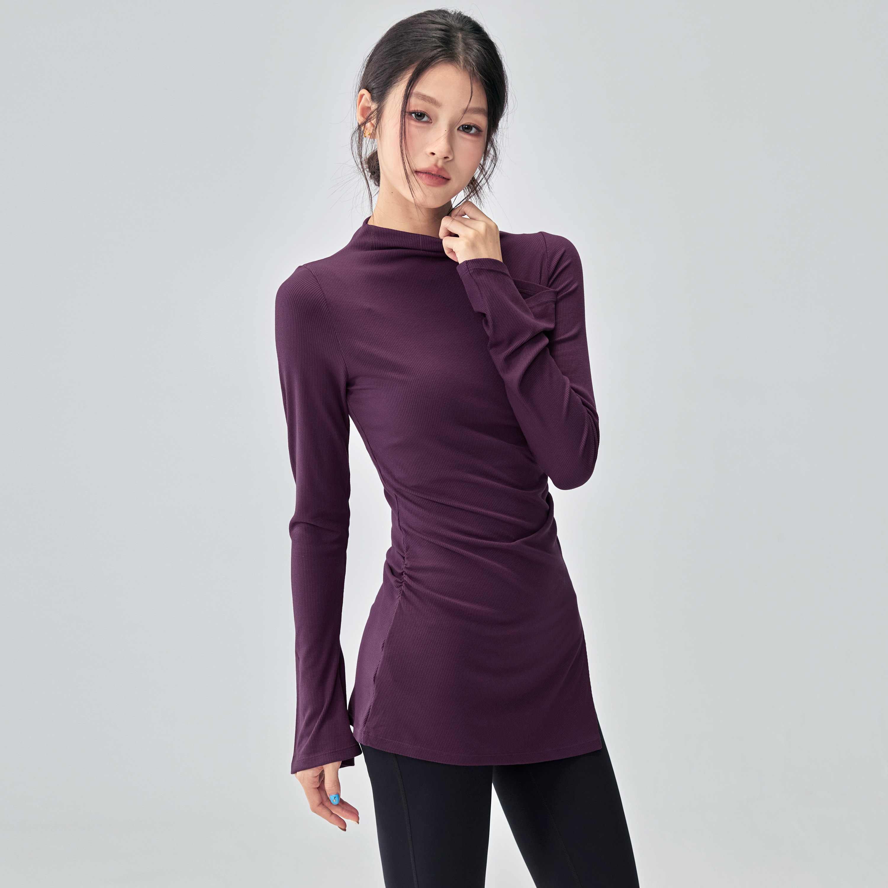 健身女孩半高领遮臀瑜伽服紧身运动喇叭长袖罩衫普拉提训练上衣新,淘宝优惠券,粉丝福利购,淘宝优惠卷