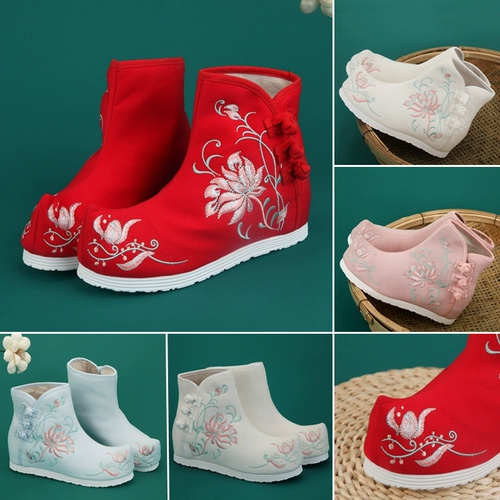 Зимнее ханьфу, флисовые ботинки, свадебные туфли для невесты, высокая обувь, красные короткие сапоги, китайский стиль