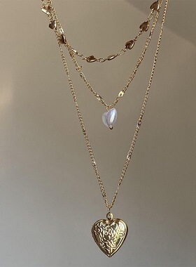 Vintage 古着「Locket Story」甜裤爱心锁骨多层珍珠项链