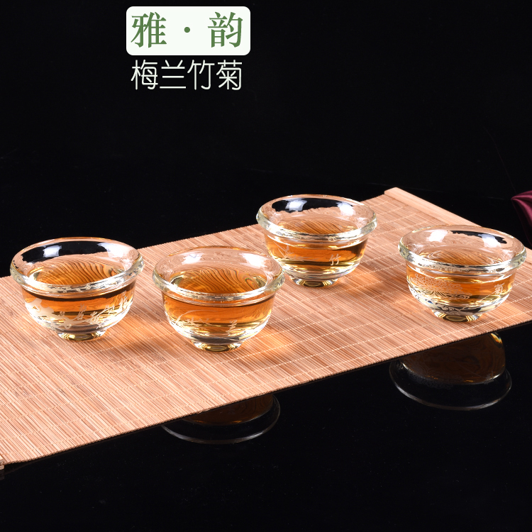 水晶玻璃功夫茶杯小磨砂雕刻梅兰竹菊龙凤福佛杯八宝品茗杯主人杯