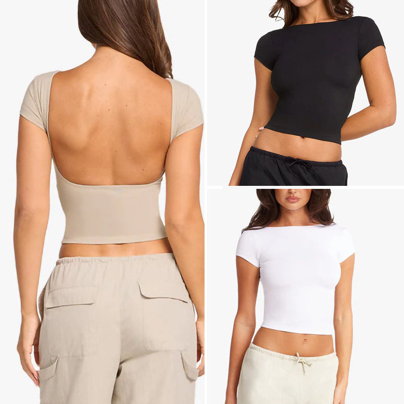 舒适简约款瑜伽上衣女含胸垫大露背裸感短袖高弹速干运动健身T恤,淘宝优惠券,粉丝福利购,淘宝优惠卷
