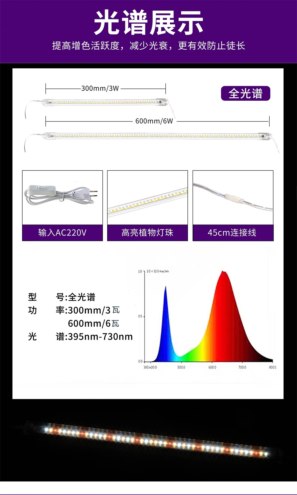 220V全光谱植物生长补光灯条室内花卉仿太阳光育苗蔬菜种植多肉 - 图1