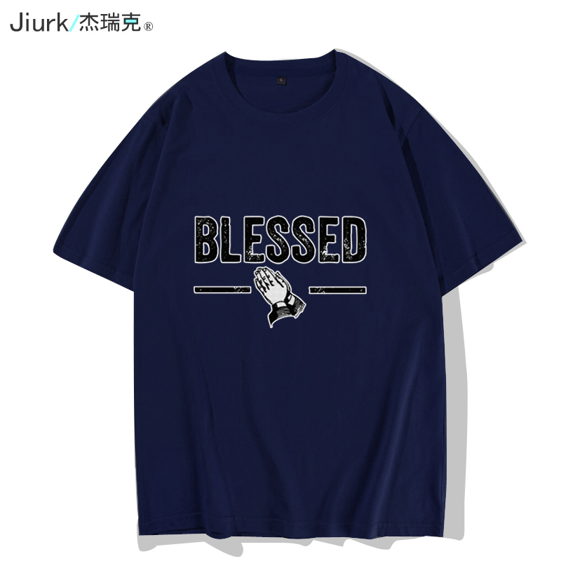 Blessed 祈愿创意趣味图案学院风t恤短袖纯棉潮牌半袖男上衣服 - 图0