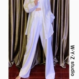 Белые модные штаны, костюм, яркий броский стиль, высокая талия, в корейском стиле