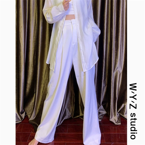 Белые модные штаны, костюм, яркий броский стиль, высокая талия, в корейском стиле