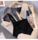 ຂະຫນາດໃຫຍ່ slimming irregular splicing fake two-piece short-sleeved T-shirt women's summer design top slant collar bottoming shirt