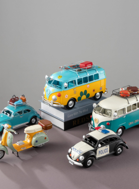 老式汽车铁皮模型复古怀旧美式巴士车旅游车客厅摆件创意家居饰品