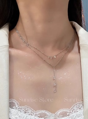 叠戴王者！三滴泪圆形锆石吊坠项链女精致简约百搭韩系流苏锁骨链
