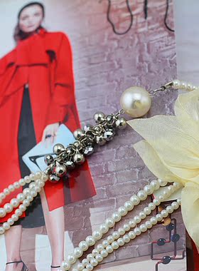 韩版甜女 布艺花朵 长款多层毛衣链 胸针珍珠项链两用