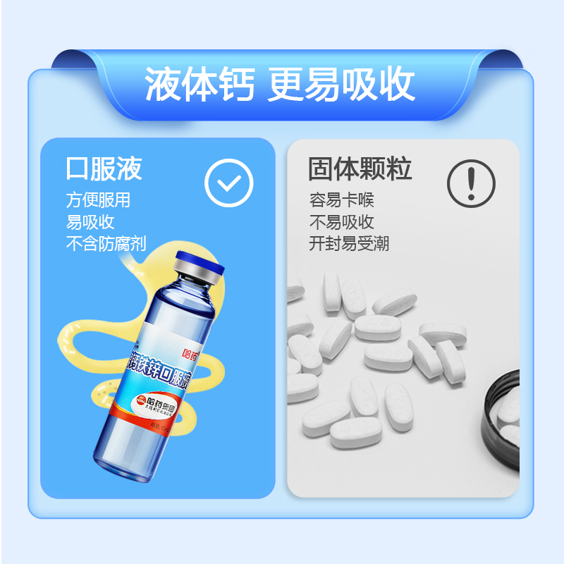 天猫超市哈药牌钙铁锌口溶液儿童成长补钙铁锌口服液三精蓝瓶葡萄糖酸锌钙1