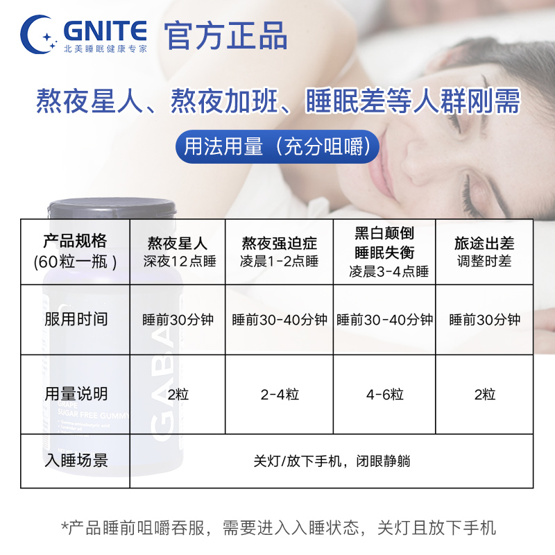 美国GNITE睡眠软糖GABA60粒*2瓶舒压入眠非褪黑素晚安糖sleepwell - 图2