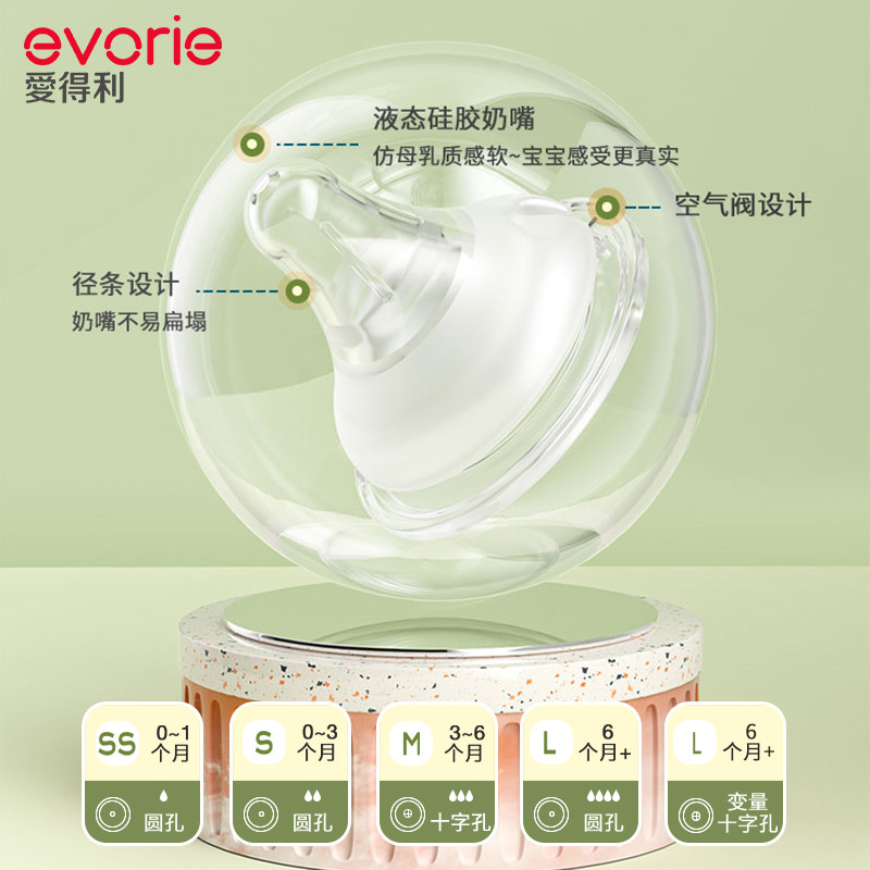 evorie爱得利大宝宝奶瓶防呛水0-6个月+玻璃奶瓶防胀气奶瓶