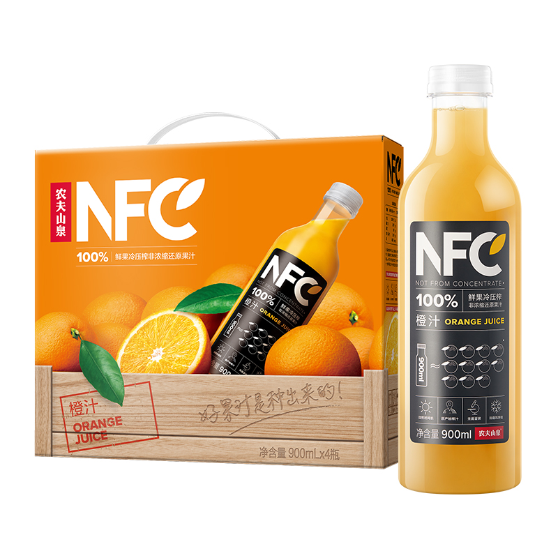 农夫山泉100%NFC果汁饮料橙汁900ml*4瓶整箱装鲜果压榨0添加 - 图0