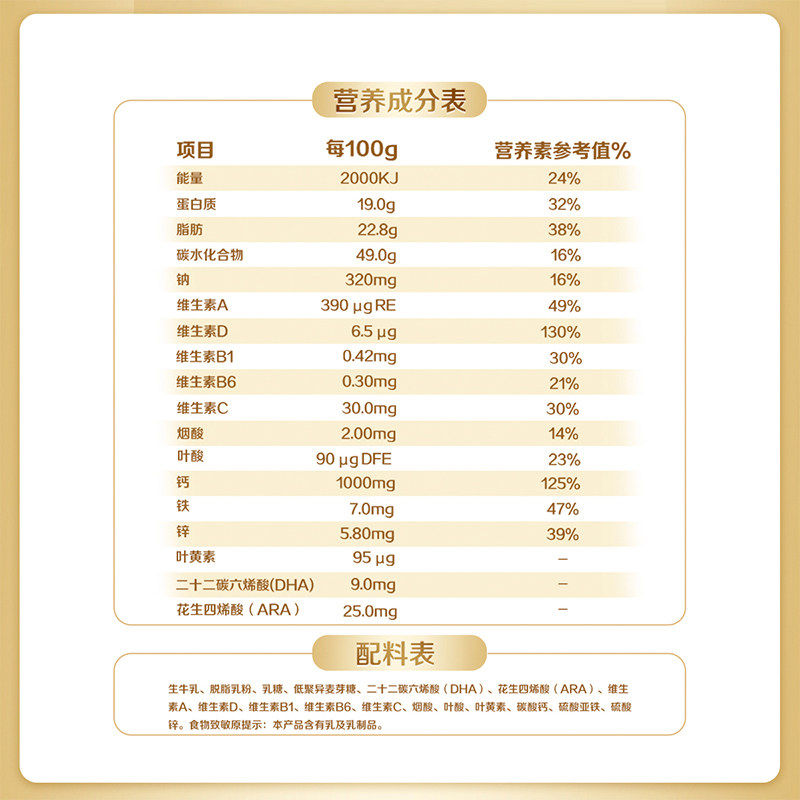 飞鹤金装1962高锌高钙儿童青少年成长奶粉800g*2罐便携营养牛奶粉
