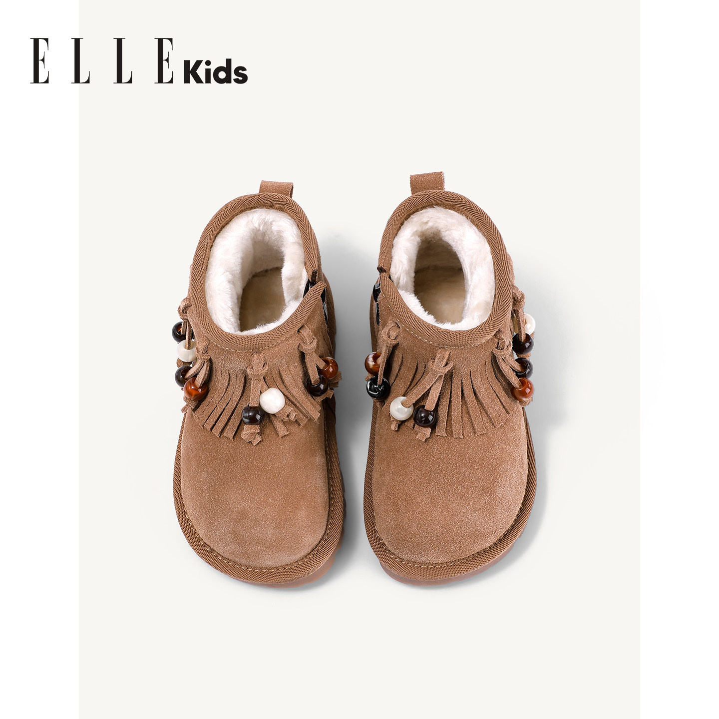 ELLEkids童鞋 雪地靴女童2025冬季新款加绒真皮短靴儿童保暖棉鞋,淘宝优惠券,粉丝福利购,淘宝优惠卷