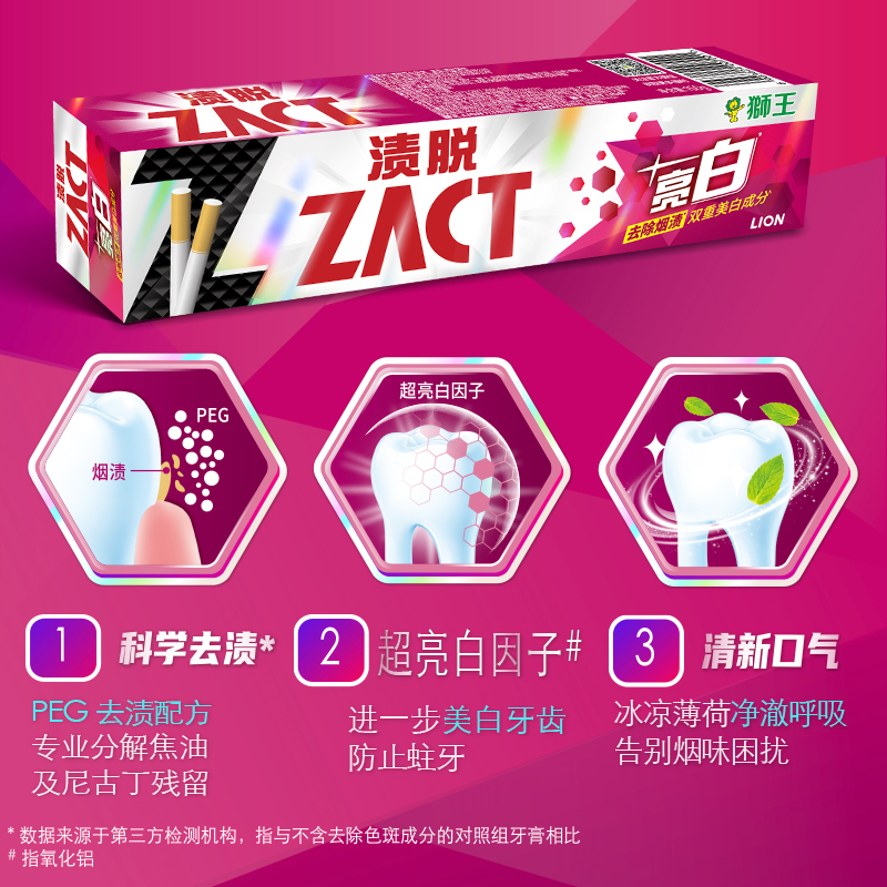 LION狮王ZACT渍脱超亮白牙膏去烟渍牙渍清新口气冰凉薄荷味150g*3 - 图2