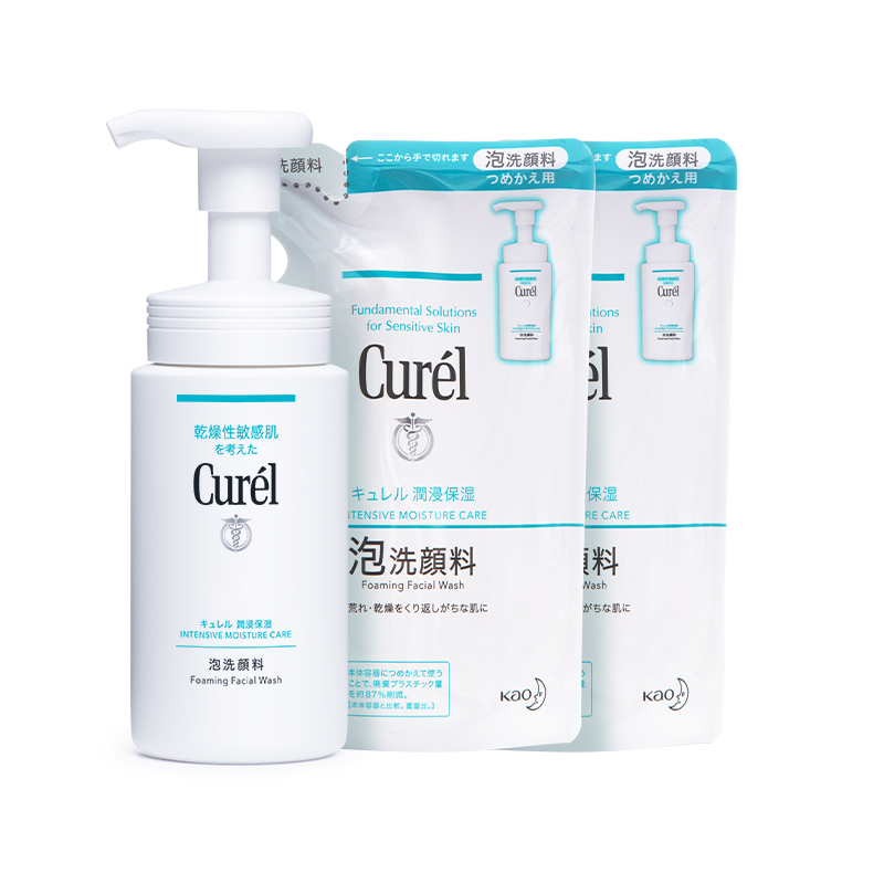 Curel/珂润保湿洁颜泡沫氨基酸洗面奶150ml+补充装130ml*2 - 图0