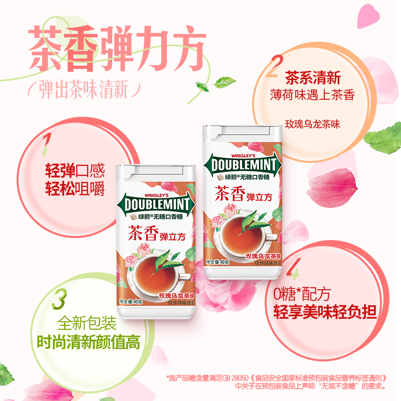 【白鹿同款】绿箭口香糖果茶立方0糖玫瑰乌龙茶约18粒40g*1瓶清新 - 图0