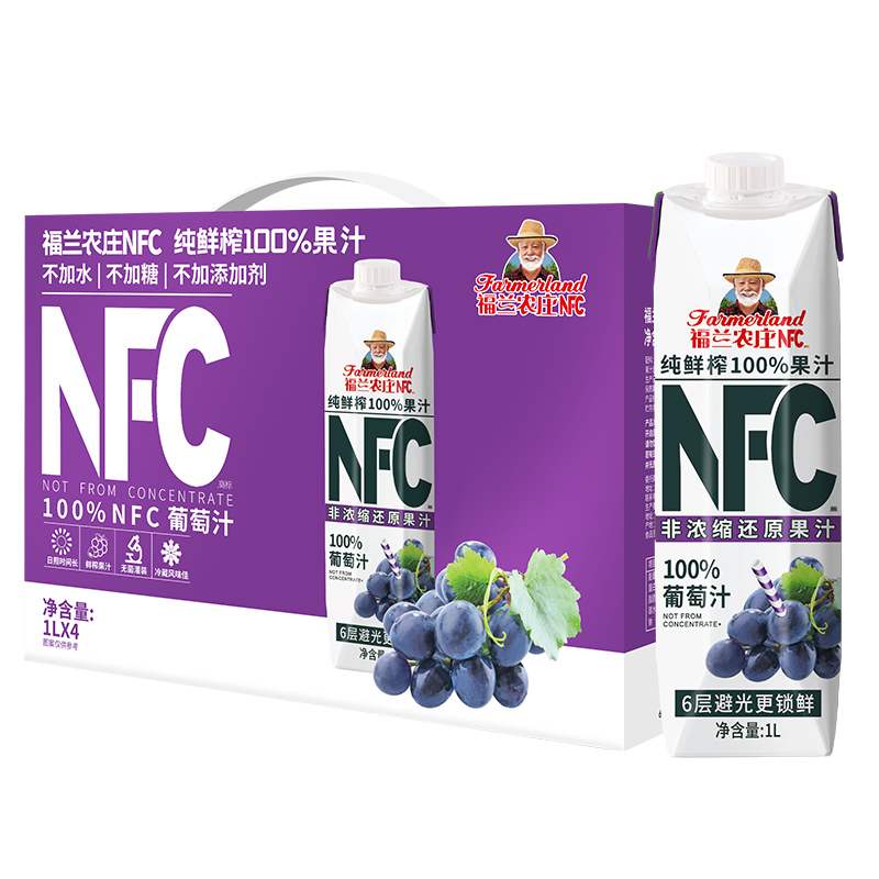 【NFC葡萄汁】福兰农庄100%纯鲜榨果汁饮料1L*4瓶礼盒大瓶装早餐-图0