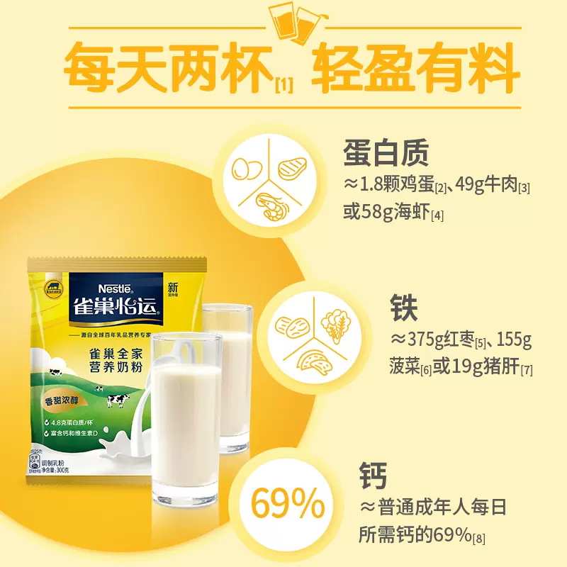 雀巢怡运全家全脂甜牛奶粉送礼300g*3袋高钙成人冲饮乳粉新年礼盒