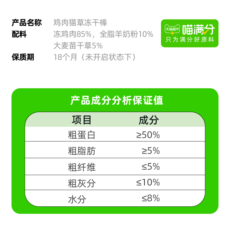 【喵满分】自有品牌猫零食冻干化毛即食猫草羊奶鸡肉猫草棒40g - 图2