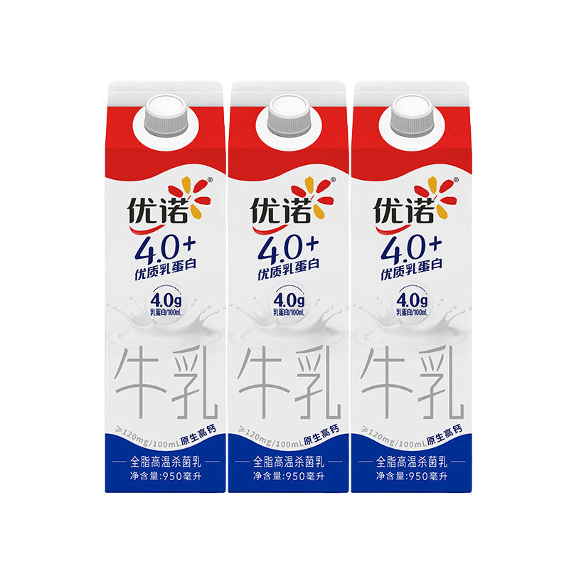 yoplait优诺新鲜早餐奶4.0+优质乳蛋白原生高钙纯牛奶950ml*3盒 - 图0