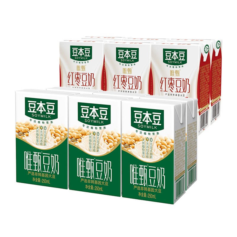 【混合口味】豆本豆唯甄原味+红枣250ml*6盒*2混合装家庭安心豆奶-图0