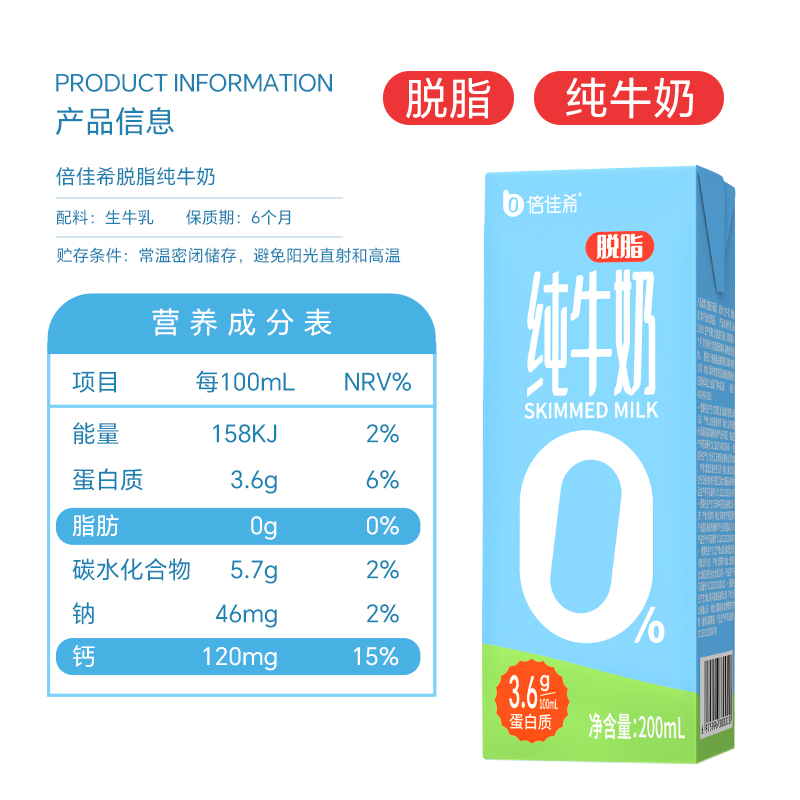 倍佳希3.6优质乳蛋白补钙脱脂纯牛奶200ml*24盒整箱家庭营养早餐-图3