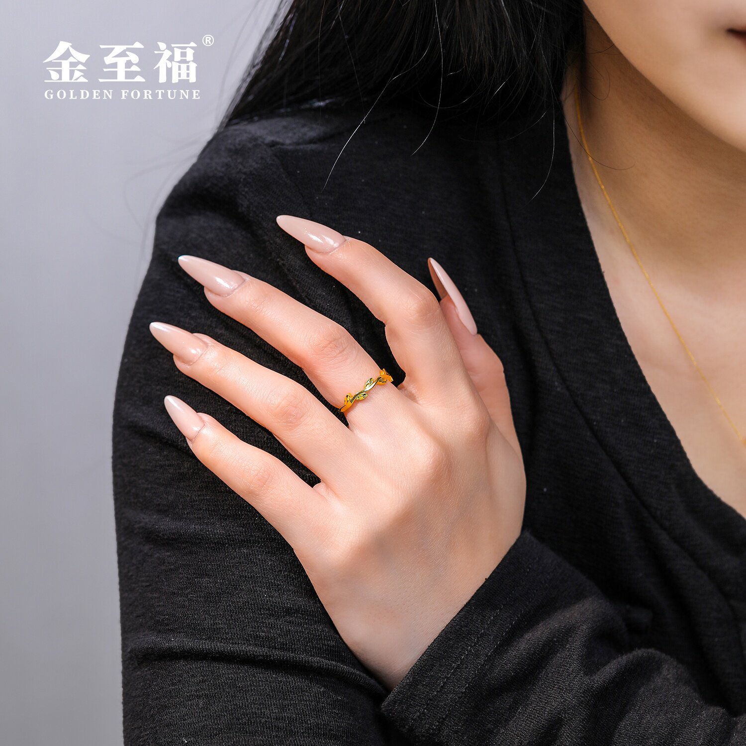 Jinzhifu olive branch solid gold ring adjustable