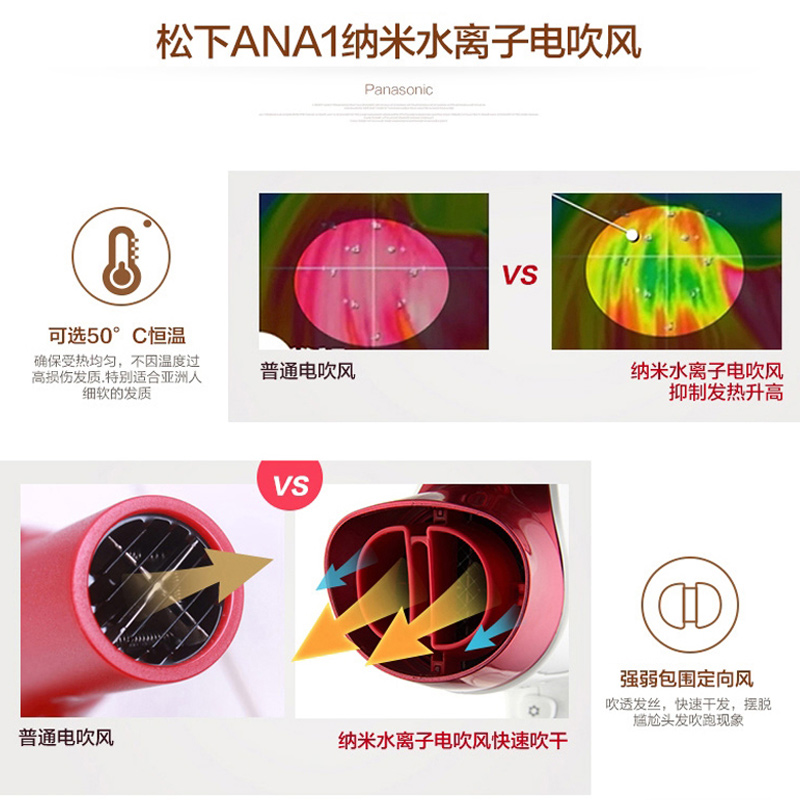 天猫超市Panasonic/松下纳米水离子高端家用大功率吹风干发吹风机ANA12