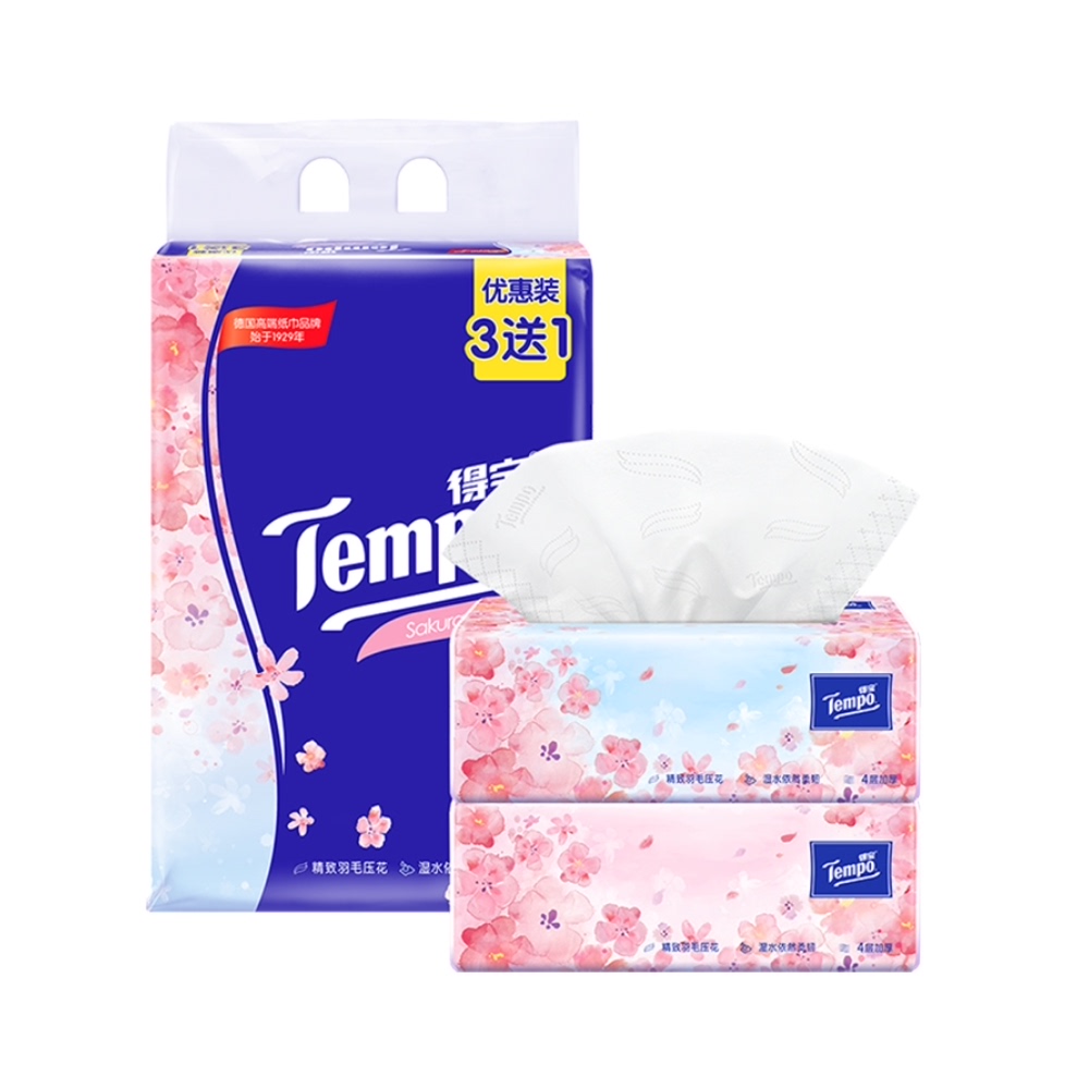 Tempo/得宝软抽纸巾淡雅樱花味4层90抽*4包纸品便携餐巾纸抽纸-图0