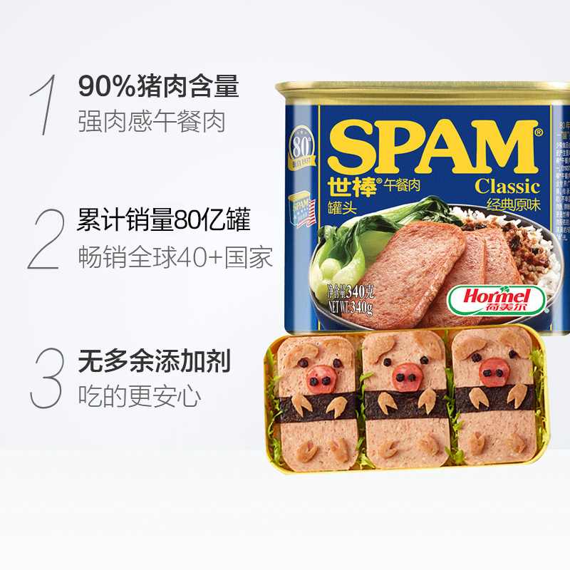 SPAM世棒午餐肉罐头经典原味340g火腿肠肉制品罐头肉即食速食下饭 - 图1